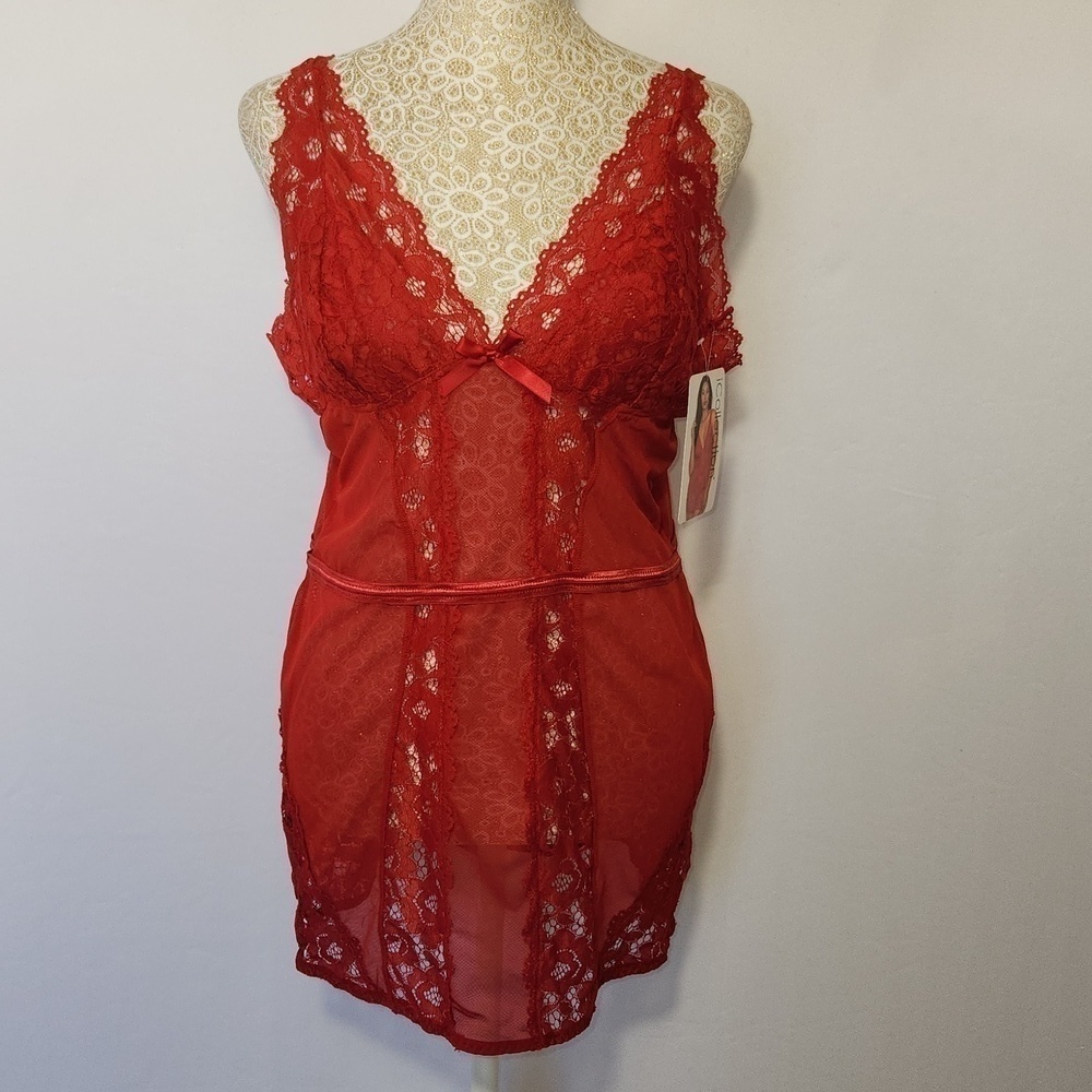 iCollection Women's Red Lace Mesh Adjustable Strap Hook Eye Lingerie Chemise 1X